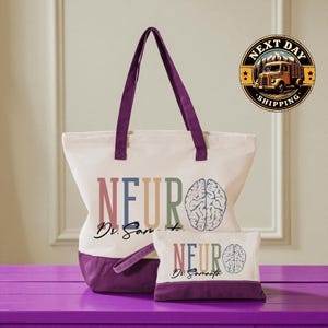 A tote bag with the text "NEURO" printed on it, along with a smaller bag with the same text and a brain image. The bag is purple and has purple handles. The bag is placed on a purple surface, and there is a logo for "Next Day Shipping" in the background.
