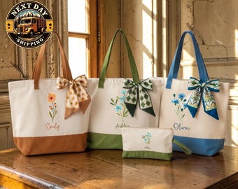 Custom Birth Month Flower Canvas Tote Bag, Personalized Floral Tote, Birth Flower Gift Bag, Nature Lover Tote