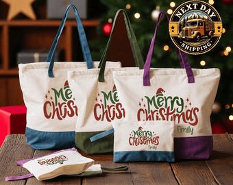 Personalized Merry Christmas Tote Bag, Custom Holiday Gift, Christmas Family Bag, Festive Winter Tote