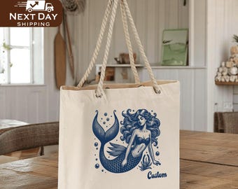 Custom Mermaid Beach Tote Bag, Personalized Coastal Bag, Summer Vacation Gift, Ocean Lover Tote