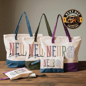 a collection of colorful tote bags with the text "NEURO" printed on them, along with a logo of a truck and a brain. The bags are arranged on a wooden surface, and there is a "NEXT DAY SHIPPING" sticker visible in the background.