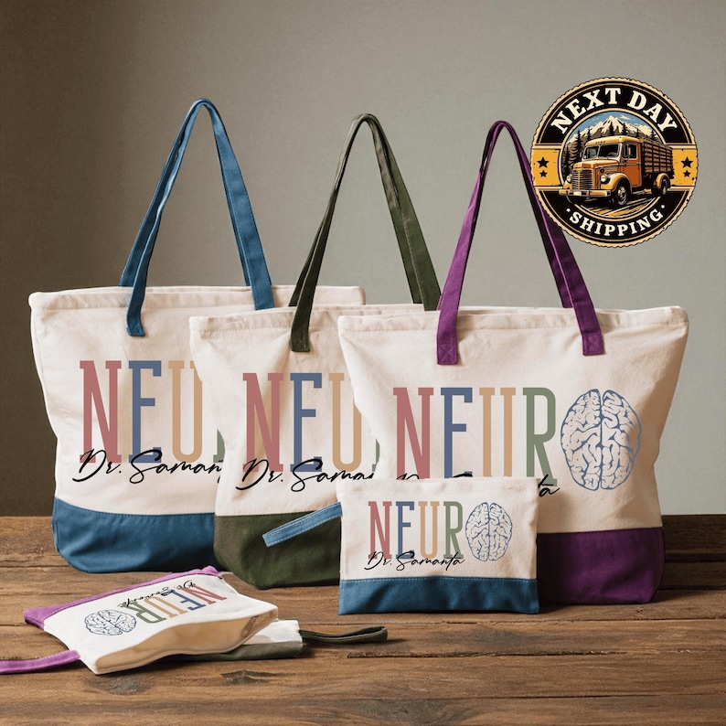 a collection of colorful tote bags with the text "NEURO" printed on them, along with a logo of a truck and a brain. The bags are arranged on a wooden surface, and there is a "NEXT DAY SHIPPING" sticker visible in the background.
