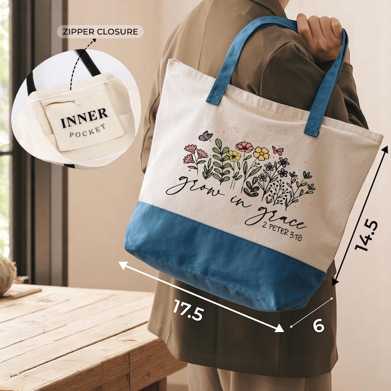 a person holding a large tote bag with a floral design, and there is a diagram of the bag's inner pocket and zippers.