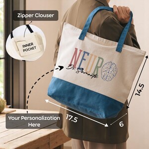a person holding a tote bag with a personalized design, including a brain symbol and text. The bag has a zipper closure and a pocket on the front. The image also includes measurements and text indicating the size of the bag and the dimensions of the pocket.