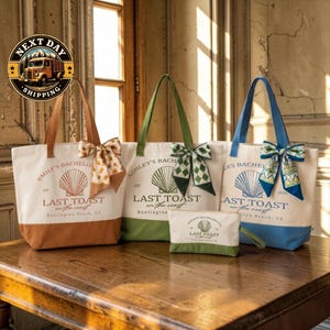 Custom Bride Tote Bag, Last Toast on the Coast Design, Bachelorette Beach Bag, Shell Logo Tote, Bridal Party Gift, Coastal Wedding
