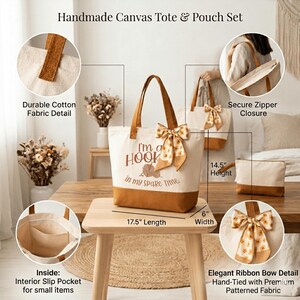 The image is a collage of various views of a handmade canvas tote and pouch set, showcasing the product's features and design.