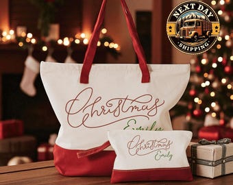 Custom Christmas Canvas Tote Bag, Holiday Gift Bag, Personalized Xmas Tote, Family Christmas Bag