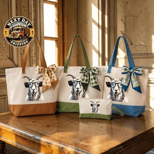 A collection of tote bags and a small bag featuring a cartoon goat wearing sunglasses, with a "Next Day Shipping" logo in the background.