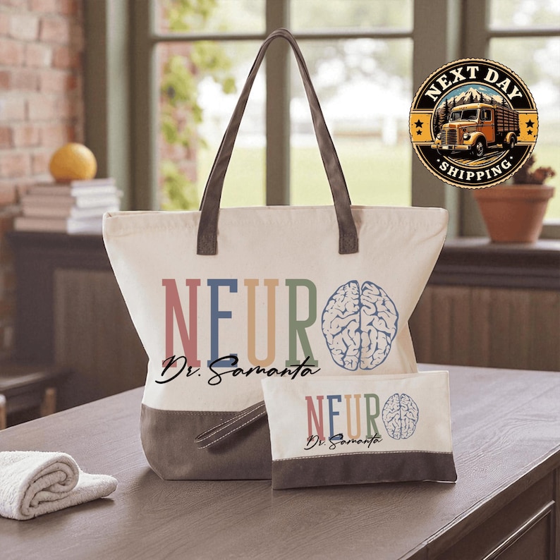 A tote bag with the text "NEURO" printed on it, along with a smaller bag or pouch that says "NEURO Dr. Samanta". The bag is placed on a wooden surface, and there is a potted plant and a stack of books in the background.