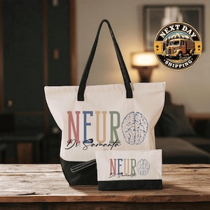A tote bag with the text "NEURO Dr. Samanta" printed on it, along with a smaller bag with the same text. The bags are placed on a wooden surface, and there is a logo for "Next Day Shipping" in the background.