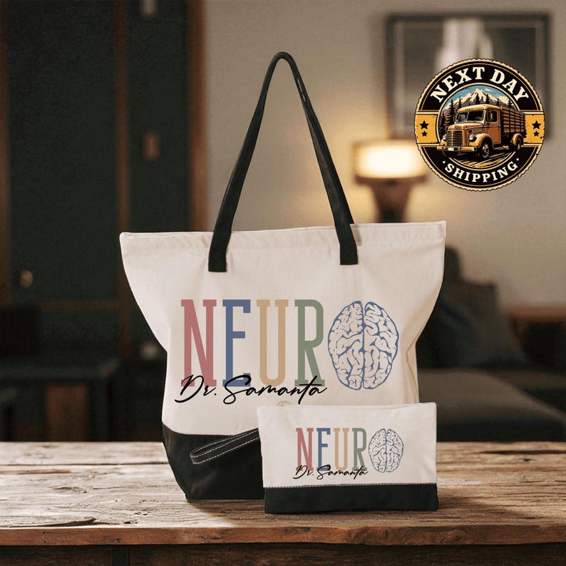 A tote bag with the text "NEURO Dr. Samanta" printed on it, along with a smaller bag with the same text. The bags are placed on a wooden surface, and there is a logo for "Next Day Shipping" in the background.
