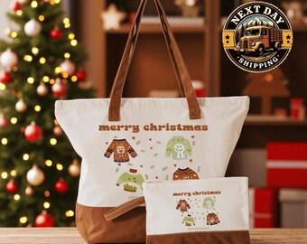 Custom Retro Merry Christmas Family Tote Bag, Vintage Canvas Bag for Holiday Gifts, Seasonal Fun and Winter Celebrations