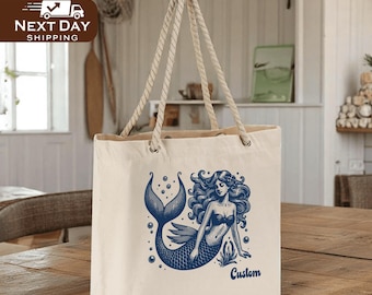 Custom Mermaid Beach Tote Bag, Personalized Coastal Bag, Summer Vacation Gift, Ocean Lover Tote