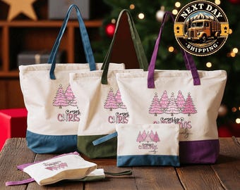 Personalized Pink Merry Christmas Tree Tote Bag, Stylish Holiday Shopper, Festive Winter Gift