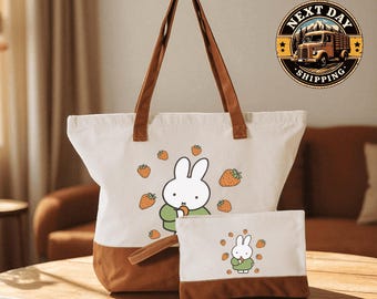 Cute Bunny and Carrot Tote Bag, Kawaii Rabbit Canvas Tote, Adorable Bunny Shopper, Sweet Carrot Design Gift Bag