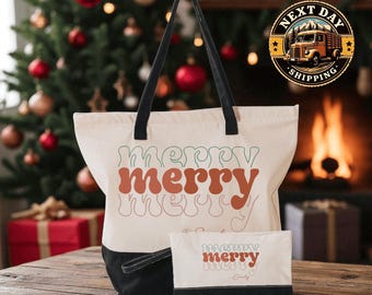 Custom Merry Christmas Tote Bag, Holiday Canvas Bag for Seasonal Gifts, Winter Shopping and Holiday Festivities
