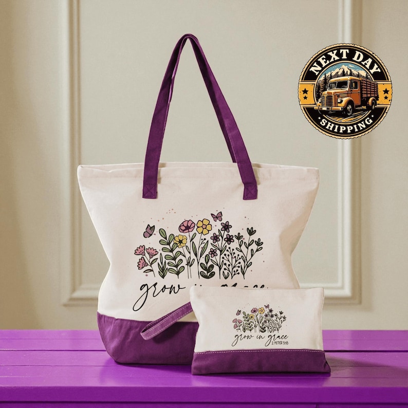 A large tote bag with a floral design and the text " Grow in grace" printed on it, along with a smaller bag with the same floral design and text. The bags are placed on a purple surface, and there is a logo for Next Day Shipping in the background.