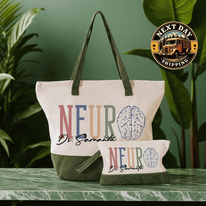 A large tote bag with the text "NEURO Dr. Samanta" printed on it, along with a smaller bag with the same text. The bags are placed on a marble countertop, and there is a green plant in the background.