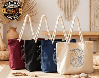 Personalized Beach Canvas Tote Bag, Custom Vacation Gift Bag, Summer Travel Tote, Coastal Trip Tote