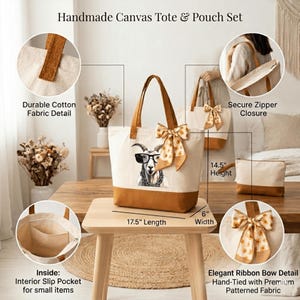 The image is a collage of various shots of a handmade canvas tote and pouch set, showcasing the product's features and design.