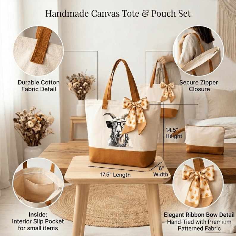 The image is a collage of various shots of a handmade canvas tote and pouch set, showcasing the product's features and design.