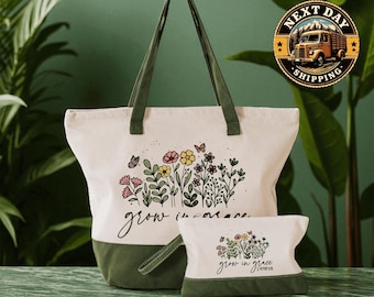 Grow in Grace 2 Peter 3:18 Tote Bag, Bible Verse Canvas Bag for Women, Inspirational Christian Gift with Scripture, Faith-Filled Daily Tote