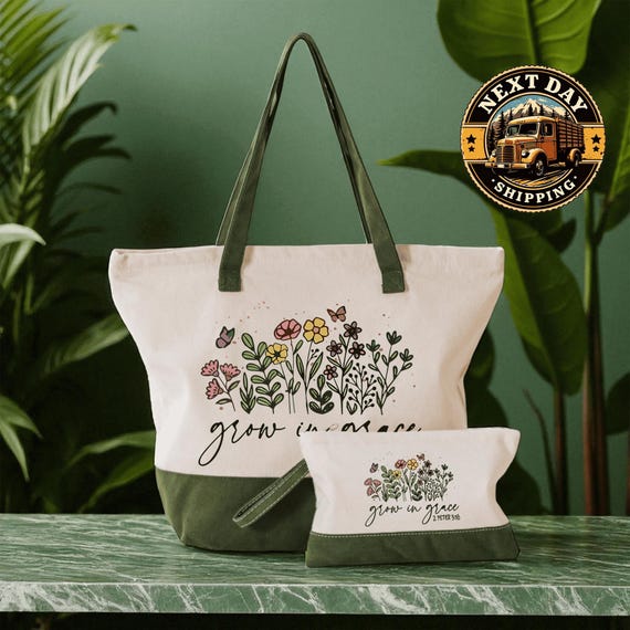 Grow in Grace 2 Peter 3:18 Tote Bag, Bible Verse Canvas Bag for Women, Inspirational Christian Gift with Scripture, Faith-Filled Daily Tote