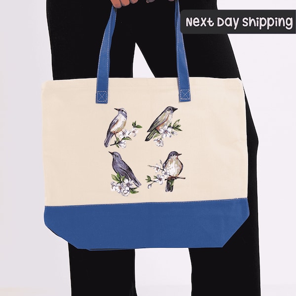 Floral Bird Tote Bag, Canvas Tote Bag With Vintage Wild Birds Print, Bird Tote Bag, Animal Lover Gift, Aesthetic Bag, Casual Canvas Tote