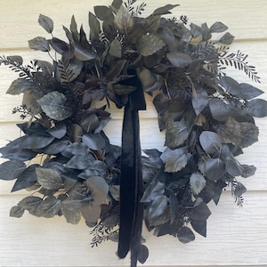 Elegant Black Eucalyptus and Fern Wreath with Black velvet Ribbon; Gothic Door Decor for Halloween
