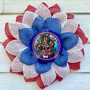 Buffalo Bills football team inspired poly burlap floral petal wreath for your front door, man cave, interior wall decor