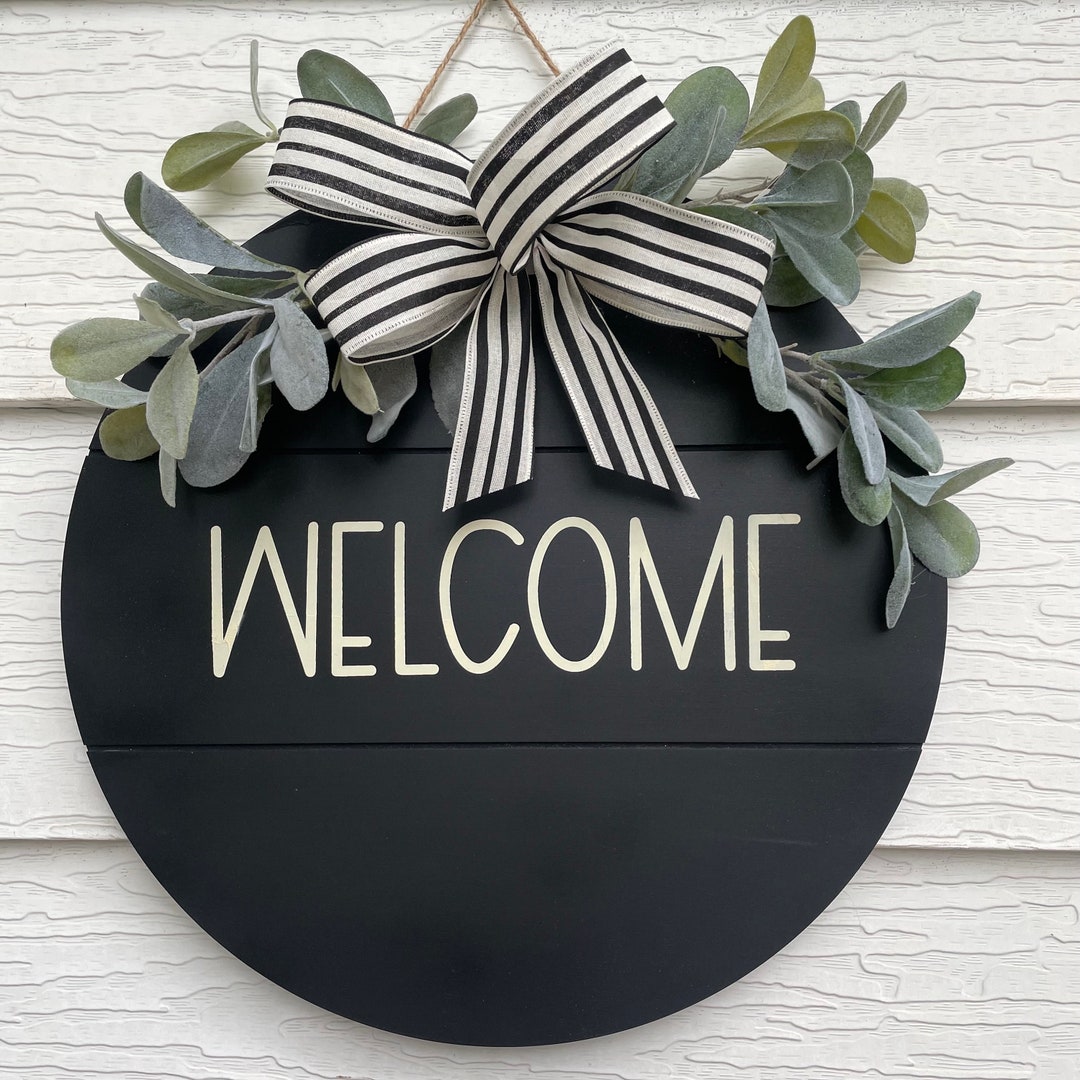 Rustic Black Welcome Sign With Greenery & Striped Bow | Modern ...
