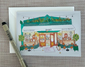 George’s Donuts and Merriment; San Francisco; Storefont cafe card; Greetings from San Francisco