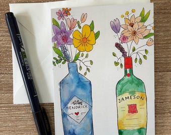 Jameson and Hendrick Card, Alcohol and Flowers Card, Flowers in a Vase