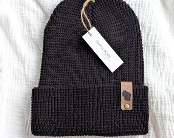Wisconsin Waffle Knit Beanie, Leather Tag, Slouchy Winter Hat