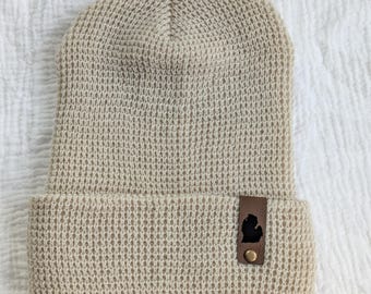 Michigan Hat, Winter Hat, Waffle Beanie, Michigan Gift, Slouchy Beanie, Women's Beanie, Men's Beanie, Waffle Knit Beanie, Leather Tag Beanie