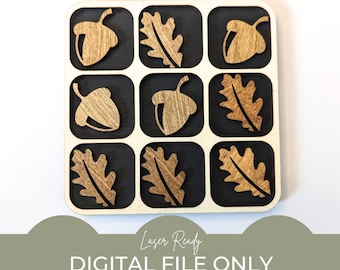 Tic Tac Toe SVG, Nature Tic Tac Toe, jeu de société SVG, fichier découpé au laser Tic Tac Toe, cadeau pour les amoureux de la nature, feuille svg, SVG gland, fichier Glowforge