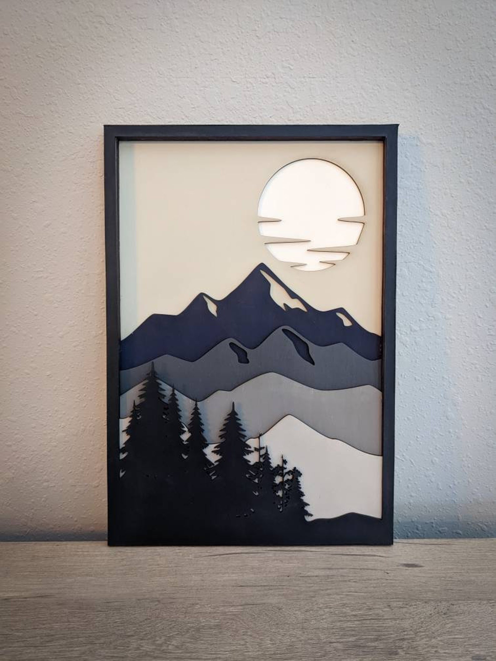 Mountain Scene Wall Art Layered Wood Art Mountain Landscape Etsy
