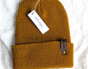 Custom Beanie, Zip Code Hat, Winter Hat, Area Code Hat, Town Hat, Waffle Beanie, Slouchy Beanie, Waffle Knit Beanie, Leather Tag Beanie