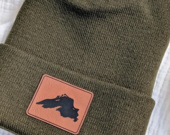 Lake Superior Beanie, Engraved Patch Hat, 100% Acrylic Winter Hat