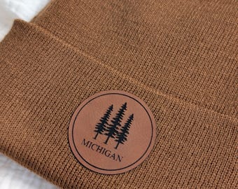 Michigan Pine Tree Beanie, Engraved MI Patch Hat, 100% Acrylic Winter Hat