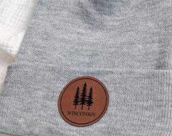 Wisconsin Beanie, WI Pine Tree Leather Patch Hat, 100% Acrylic Winter Hat