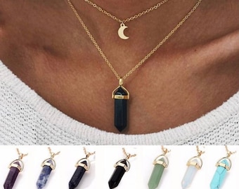 Crescent Moon Layer Gemstone Pendant Necklace Choker Quartz Crystal Healing Stone