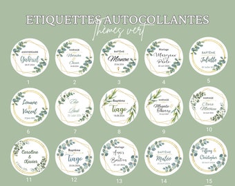 Etiquettes autocollantes personnalisées Mariage,Baptême,Communion | ronde 4cm| Lot de 24 stickers prénom/ Eucalyptus et feuilles vertes