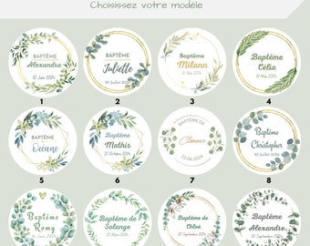 Etiquettes autocollantes personnalisées Baptême | ronde 40mm | Lot de 24 stickers personnalisés Baptême / Eucalyptus et feuilles vertes