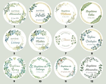 Etiquettes autocollantes personnalisées Baptême | ronde 40mm | Lot de 24 stickers personnalisés Baptême / Eucalyptus et feuilles vertes