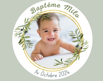 Etiquettes autocollantes personnalisées Baptême Photo| ronde 40mm | stickers personnalisés Baptême / Mariage, Eucalyptus et feuilles vertes