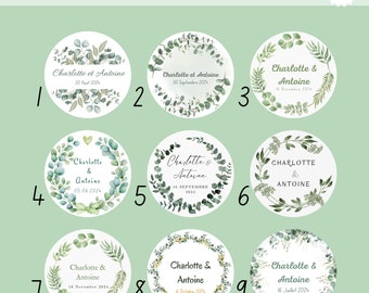 Etiquettes autocollantes personnalisées Mariage et Baptême | ronde 4cm  | Stickers personnalisés / Eucalyptus et feuilles vertes