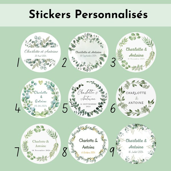 Etiquettes autocollantes personnalisées Mariage et Baptême | ronde 4cm  | Stickers personnalisés / Eucalyptus et feuilles vertes