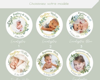 Etiquettes autocollantes personnalisées Baptême Photo| ronde 40mm | stickers personnalisés Baptême / Mariage, Eucalyptus et feuilles vertes