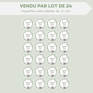 Etiquettes autocollantes personnalisées Baptême ronde 40mm Lot de 24 stickers personnalisés Baptême / Eucalyptus et feuilles vertes image 3